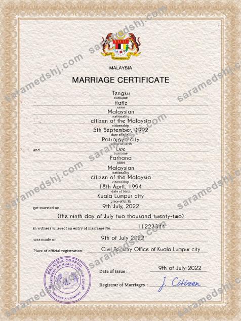 Malaysia marriage certificate PSD template